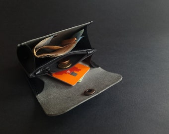 Handmade leather snap button wallet - Crazy horse leather wallet - Snap closure card holder