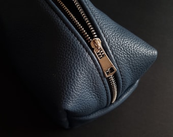 Leather makeup bag Blue leather dopp kit Lined toiletry bag Blue  leather bag Grained leather zip bag for cosmetics