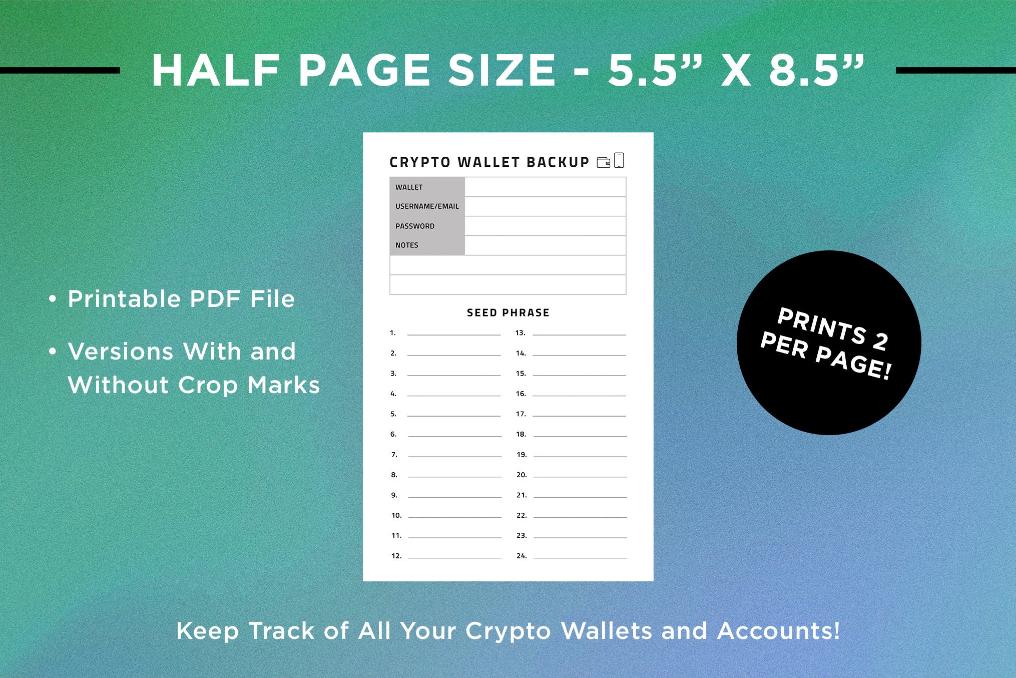 Crypto Seed Phrase Backup - Half Page, Printable, 5.5