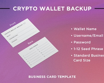 "Crypto Seed Phrase ""Backup"" - Visitenkarte, bedruckbar, 3.5" x 2" Vorlage PDF."