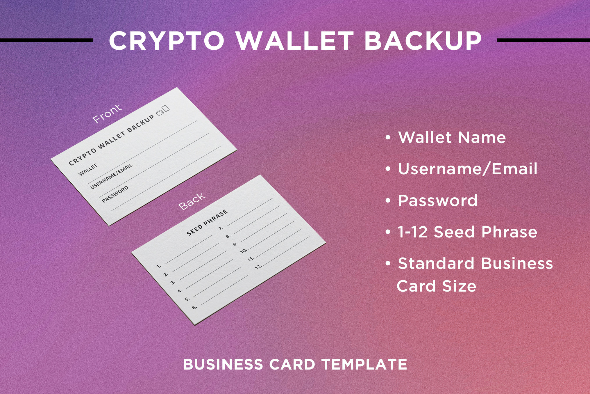 Crypto Seed Phrase Backup - Business Card, Printable, 3.5