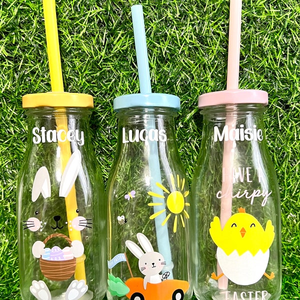 Personalised Easter Milk Bottle, Childrens Drinkware, Easter Bunny, Spring Theme Bottle with Straw, Easter Gift for Kids, Hamper Filler