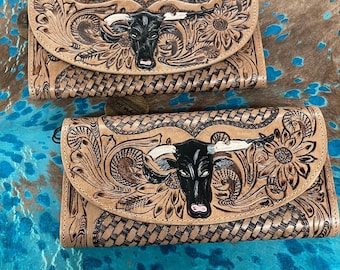 Tooled leather steer wallet
