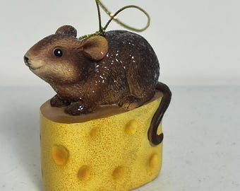 Christmas Ornament Glitter Brown Mouse Mice on Cheese Block