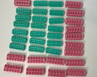 Lot of 36 VTG Plastic Snap Rollers Curlers Hair Supplies Green Pink