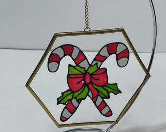 Vintage Stained Glass Window Light Sun Catcher Candy Cane Christmas Holiday 5"