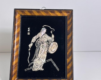 Vintage Reverse Painting on Glass Mother of Pearl inlay Asian Women Playing Drum