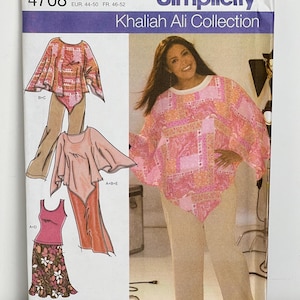 May include: Simplicity sewing pattern 4708 from the Khaliah Ali Collection. The pattern includes designs for tops, pants, and a skirt. The cover features a woman wearing a pink and orange patterned top and beige pants. Size FF 18W-20W-22W-24W.