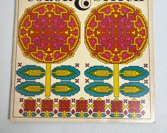 Color & Stitch Needlepoint Patterns Book Mushroom Owl Fish Elephant Sun 1971 VTG