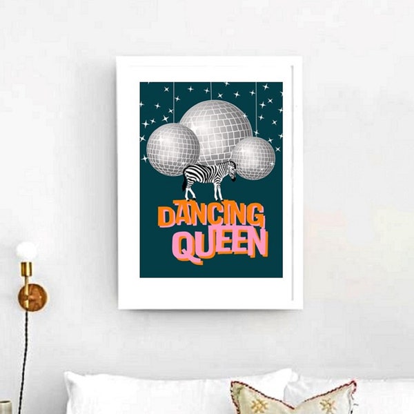 Zebra Dancing Queen Print | Disco Ball Wall Art | Disco Print | Unframed Wall Art | Kitchen Disco Print | Disco Wall Art