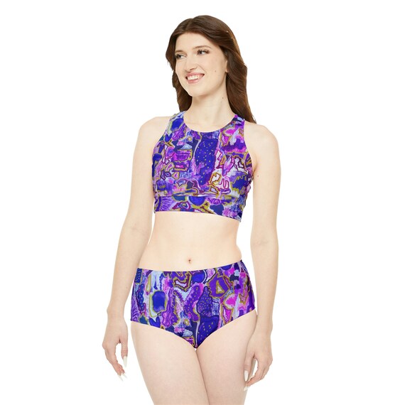 Sporty Bikini Set Purple Gold Abstract Art Adult Swimsuit