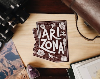 Arizona State Vinyl Sticker with State Symbol Illustrations for Water Bottles, Laptop Decals