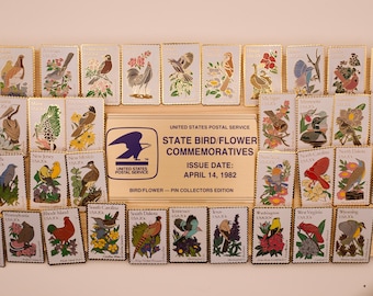 Vintage USPS State Bird & Flower Stamp Enamel Pin - 1982 Edition Lapel, Hat, Backpack Nature Pin