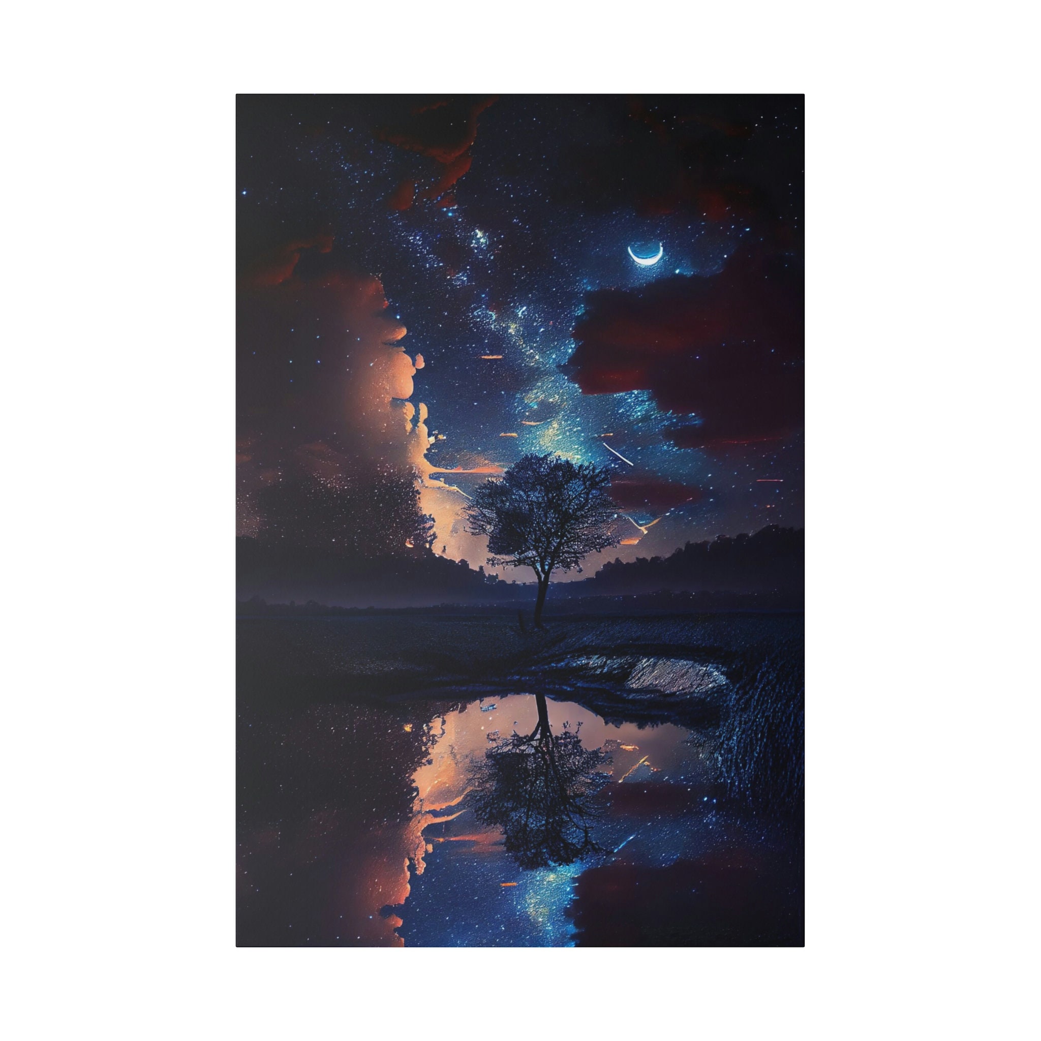 Starry Night Sky Canvas Print Twilight Reflection Tree Wall Art Milky ...