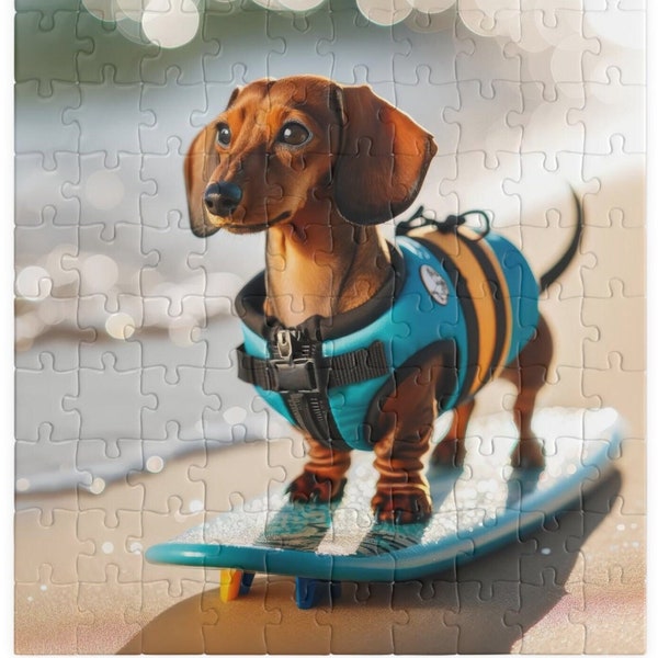 Beach Adventure Surf's Up Dachshund Puzzle - Vibrant Doxie Puzzle, Canine Jigsaw, Ocean Life Surfboard Jigsaw, 110, 252, 520 or 1014 Pieces