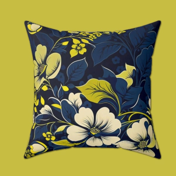 Boho Modern Floral Throw Pillow, Navy Blue and Lemon Lime Chartreuse Bohemian Chic Minimalistic Flower Pattern, Double Sided