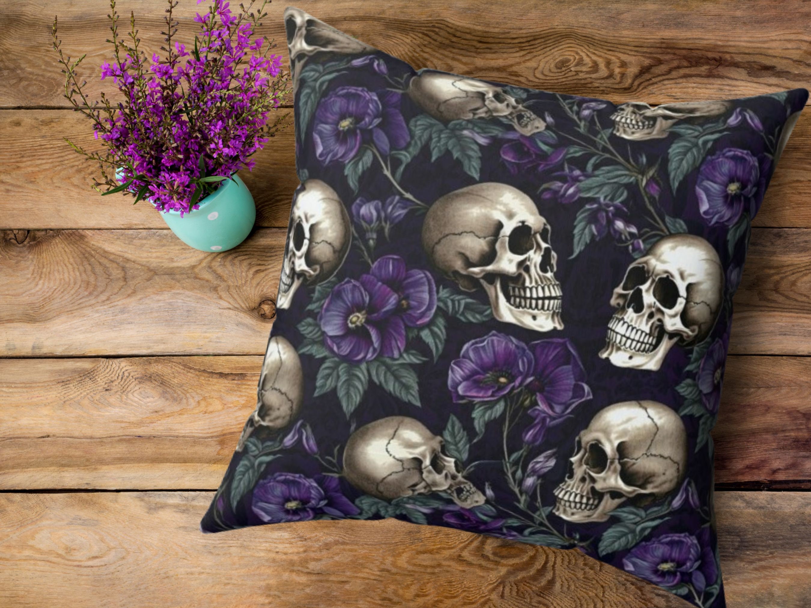 Dark Botanical Floral Skull Pillow Gothic Flower Pattern Etsy