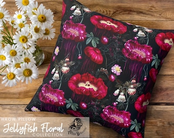 Dark Bohemian Floral Pillow, Magenta Pink Jellyfish Flower Pattern