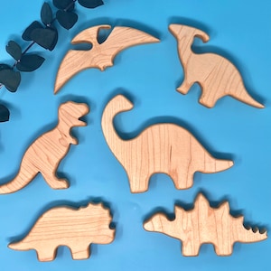 Baby and Toddler Wood Dinosaur Figures Brachiosaurus, Triceratops, T-Rex, Stegosaurus, Pterodactyl, Saurolophus, soothing for teething