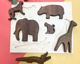 African Animal Maple & Walnut Wooden Puzzle and Play Set with Elephant, Giraffe, Monkey, Cheetah, Hippo and Crocodile for Baby and Toddlers