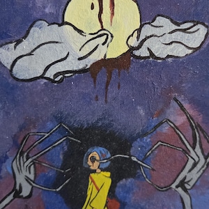 May include: A painting on canvas depicting a figure with blue hair wearing a yellow raincoat and a red bag. Two long, thin, grey hands reach toward the figure. Above, a yellow moon with dark brown drips hangs in a purple sky with grey clouds.