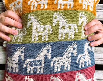 Folk Horses Crochet Cushion Cover Pattern: Retro Tapestry (PDF Pattern)