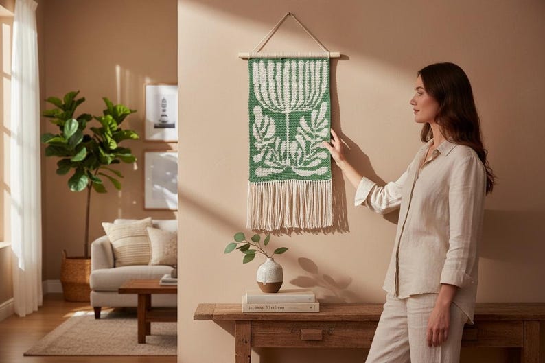 May include: A green and white woven wall hanging with a floral design. The tapestry is rectangular with a fringe at the bottom and is suspended from a wooden dowel with a leather cord. The wall hanging is a decorative home decor item.