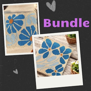 May include: A bundle of two crocheted pot holders featuring a blue and white floral design. The pot holders are square and have a beige background.