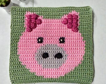 Crochet Pig Square Pattern PDF, Intarsia Crochet Chart,  Motif for Blanket, Pillow, Quiet Book