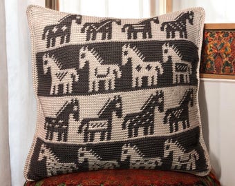 Folk Horses Crochet Cushion Cover Pattern: Retro Tapestry Design (PDF Pattern)