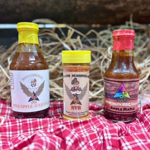 4 J&#39;s NVR Bundle, Seasoning Rub, Pineapple Habanero, Apple Maple, Gift for Him, Grilling Bundle, Specialty Sauce, Barbeque Sauce, EOD Donor
