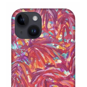May include: A phone case with a vibrant abstract design featuring a mix of red, pink, orange, and blue brushstrokes. The design resembles a tropical palm leaf pattern.