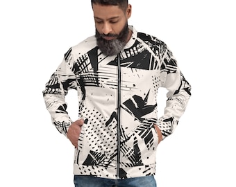 Op de afbeelding: Een witte bomberjack met een zwart-wit abstract geometrisch patroon. De jas heeft een ritssluiting en twee zakken.
