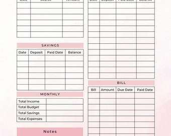 May include: A printable monthly budget planner with sections for income, debt, savings, bills, and monthly totals. The planner has a pink and white background with black text and lines.