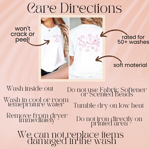 May include: A white t-shirt featuring pink graphic prints on the front and back, with text including 'Going to the Chapel' and 'Future Mrs. Johnson'. The image displays care instructions: wash inside out, use cool water, avoid fabric softener, tumble dry low, and do not iron the print.