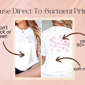 May include: White t-shirts with pink text and graphics. One shirt says "Going to the Chapel" and the other says "Future Mrs. Johnson" with wedding-themed illustrations. The shirts are made of soft material and are rated for 50+ washes.