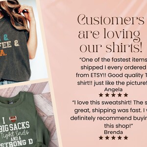 May include: The image displays two shirts. One is a dark grey t-shirt with the text "DOGS & COFFEE & YOGA." The other is an olive green sweatshirt with the text "I BIG SACKS Tight Ends AND A STRONG D."