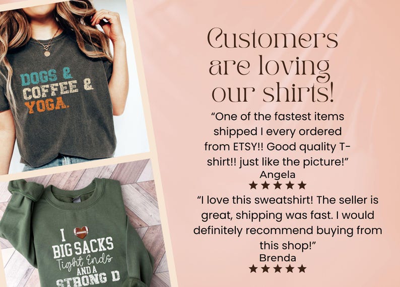 May include: The image displays two shirts. One is a dark grey t-shirt with the text "DOGS & COFFEE & YOGA." The other is an olive green sweatshirt with the text "I BIG SACKS Tight Ends AND A STRONG D."