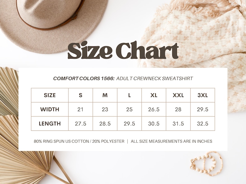 May include: A size chart for a Comfort Colors 1566 adult crewneck sweatshirt. The table lists sizes S through 3XL with corresponding width and length measurements in inches. It notes the material as 80% ring spun US cotton and 20% polyester.