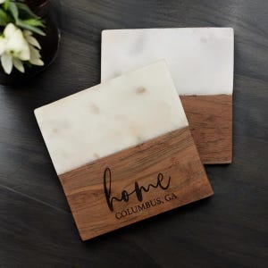 Marble and acacia wood coasters personalized housewarming gift first time home buyer from realtor gifts for new couples wedding gift