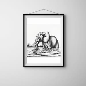 Elephant print, black and white hand drawn, Animal wall art, Printable digital painting, Safari African elephant art, detailed wall design