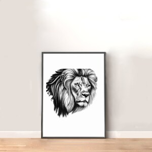 Lion print, black and white hand drawing, Animal wall art, Printable digital painting, Safari African animal, lion art, detailed wall design