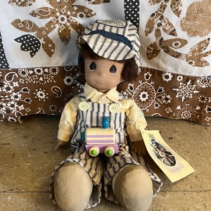 Cute Brunette Boy Train Conductor Doll With Cap Pinstripe Overalls Vintage Trains Precious Moments Doll Collection 16&quot; Cute Kid Doll