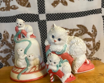 Vintage Cat Figurines (Set of 3) | Cat in a Bell | Cat in Heels Paper Weight | Christmas Cat Figurines 6” 5” 3”