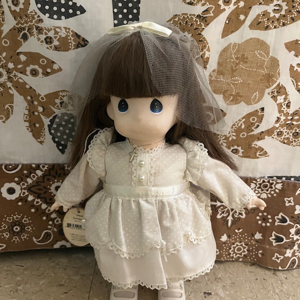 Holy Communion Girl Doll With Brown Hair Cute Vintage Precious Moments Doll Collection 12" Grace 1994 First Holy Communion Praying Doll