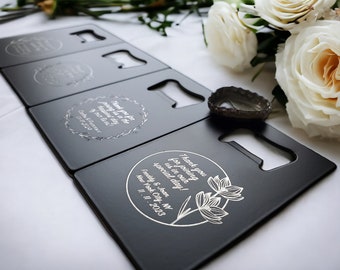 BULK Wedding Favors, Engraved Black Steel Card Wallet Bottle Openers, Wedding Guest Favors, Reception Gifts, Floral Thank You Gift Message