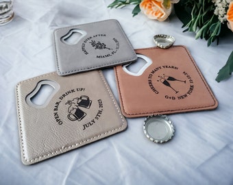 BULK Wedding Favors, Engraved Bottle Opener Coaster, Leatherette & Steel Coaster Bottle Opener, Wedding Guest Favors