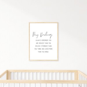 May include: A black and white printable nursery art print with the text "My Darling" and a quote about being brave, strong, and loved.