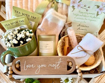 Self-Care Gift Box – Ivory Blanket, Green Mug, Healing Candle, Jasmine Sachet & More - Personalized Wooden Placard