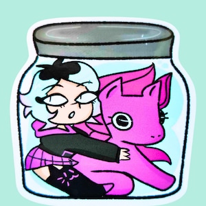May include: A sticker of a cartoon character with blue hair and a pink shirt trapped inside a glass jar with a pink cartoon creature.